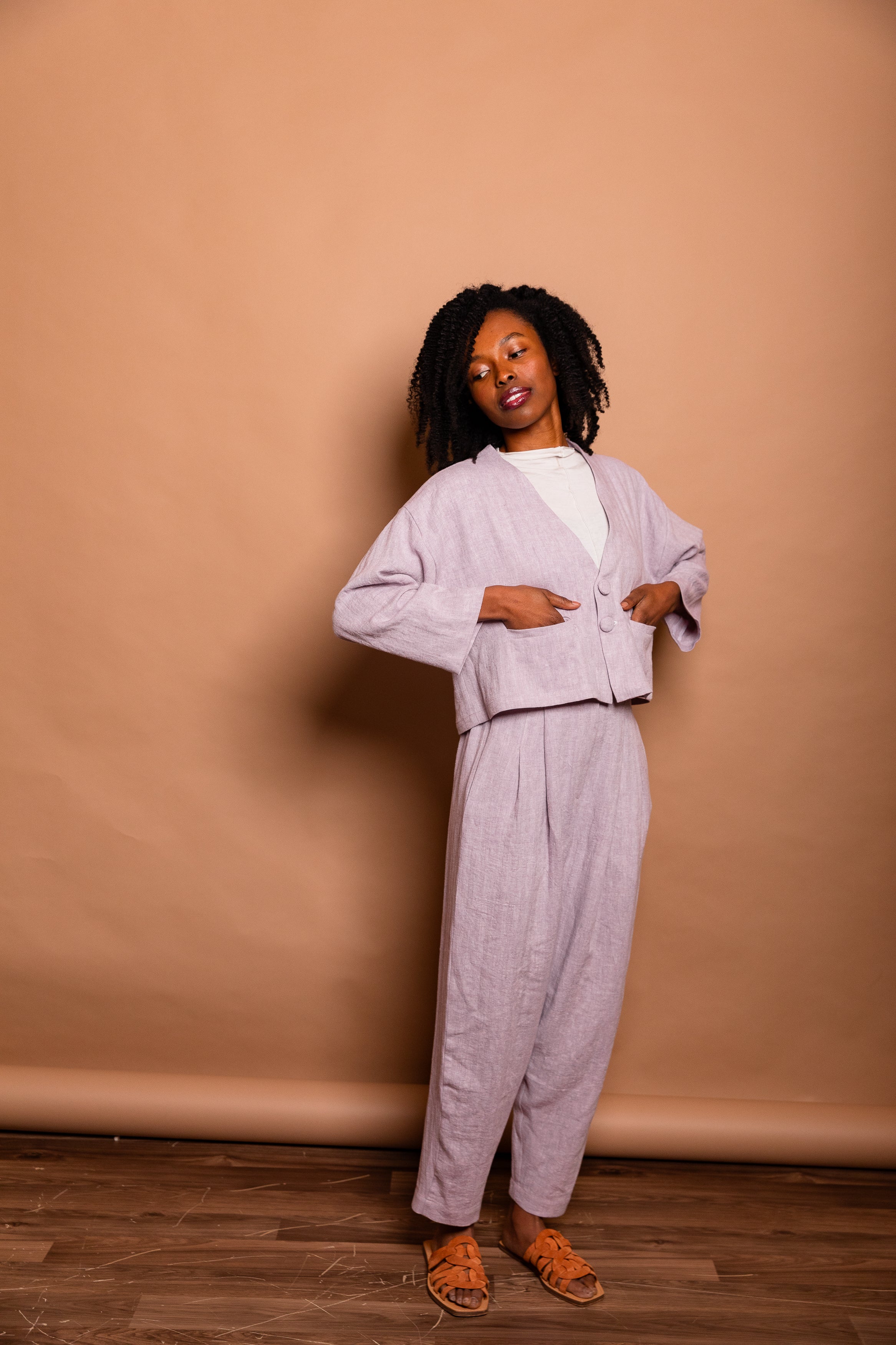 Lavender Herringbone Twill Vented Crop Blazer