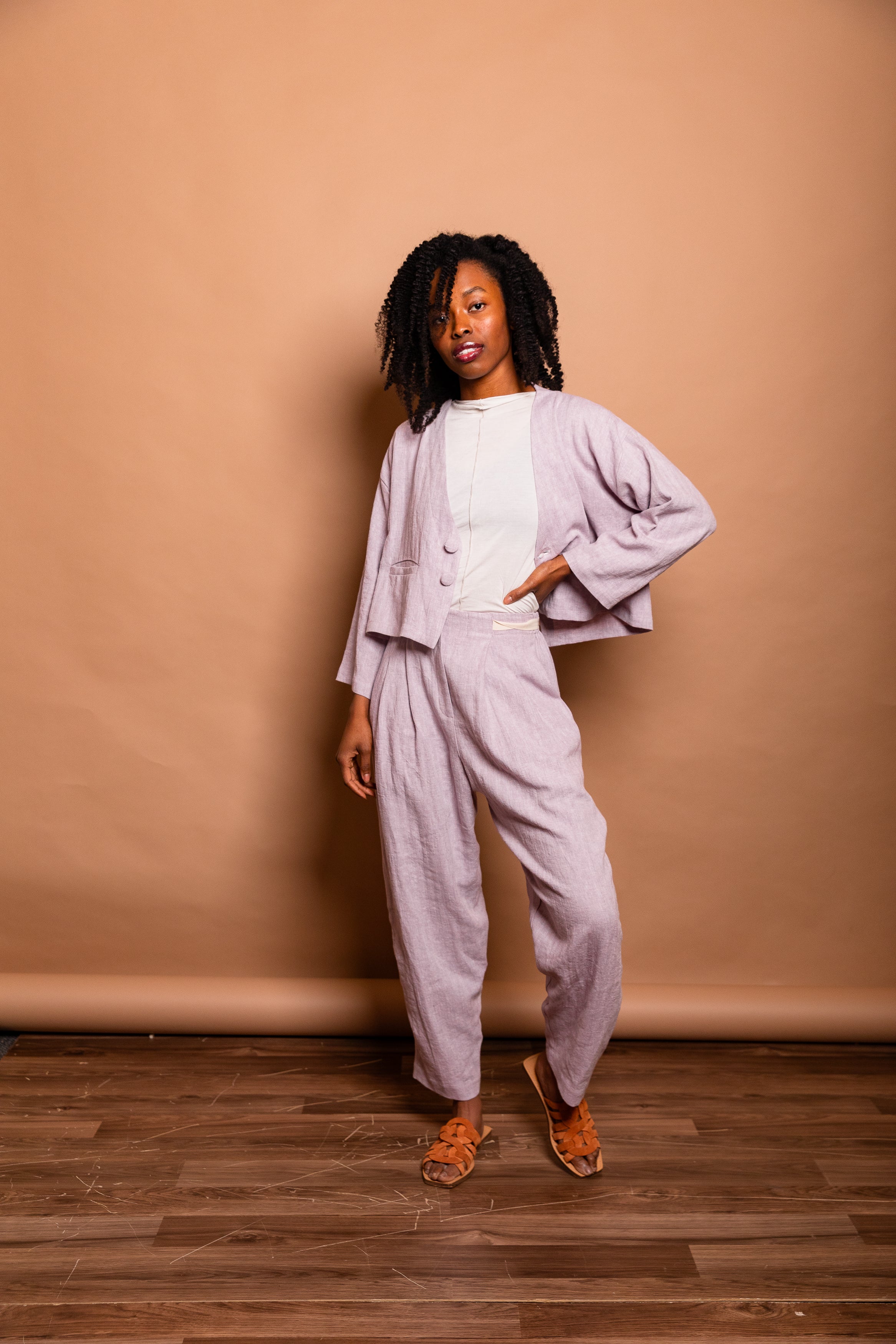 Lavender Herringbone Twill Vented Crop Blazer