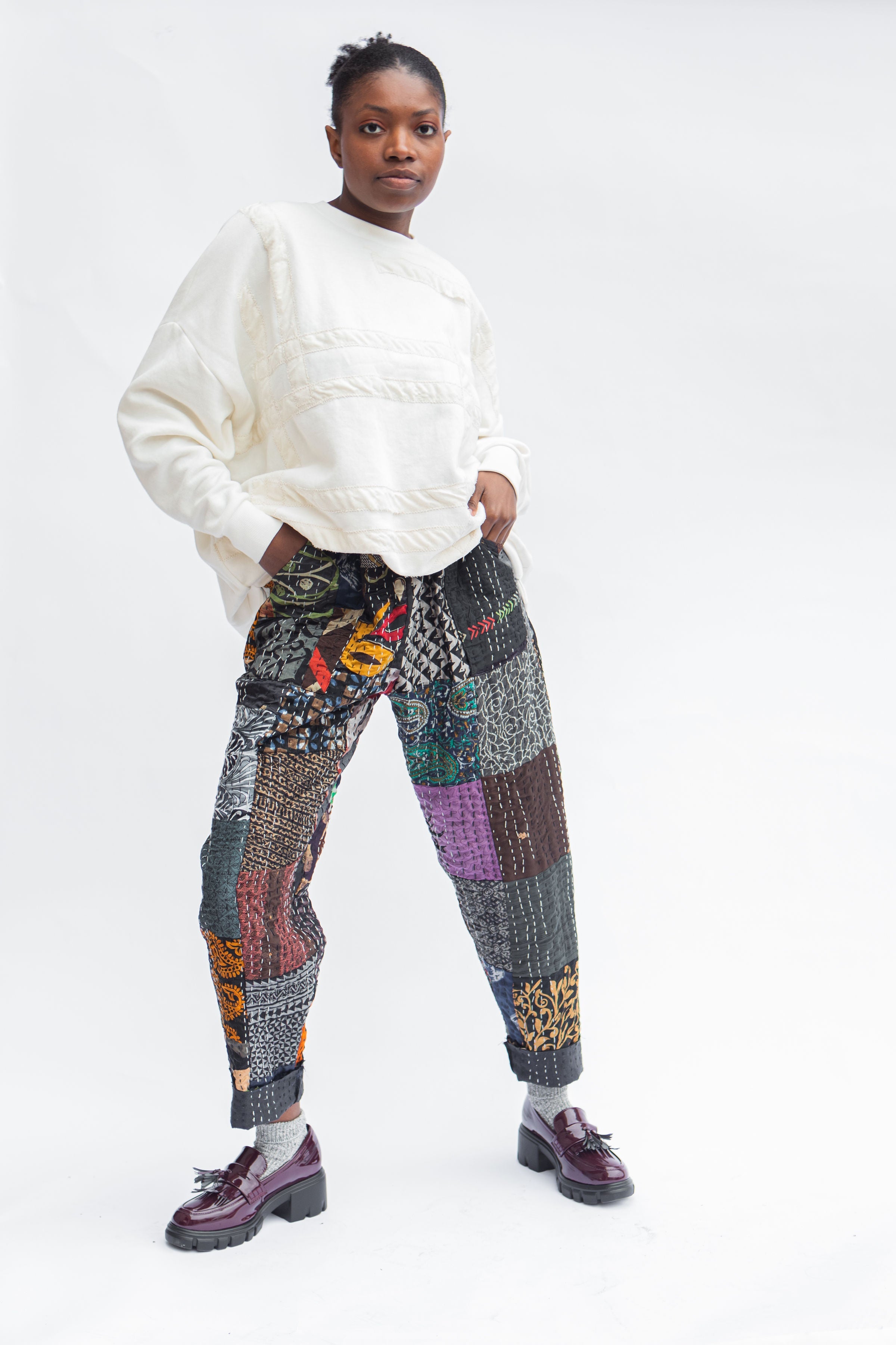 Pocket Pant, Cream Kantha