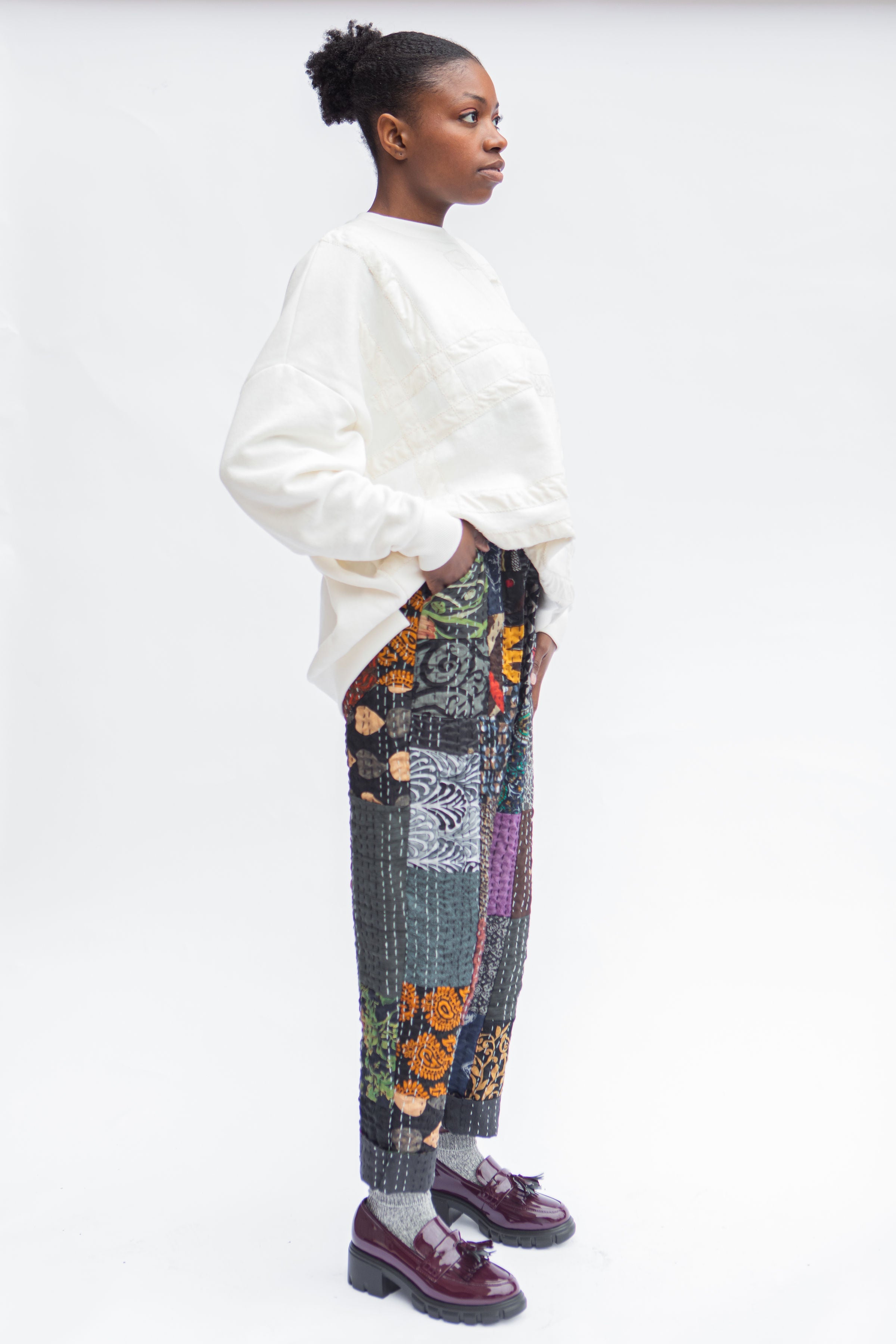 Pocket Pant, Cream Kantha