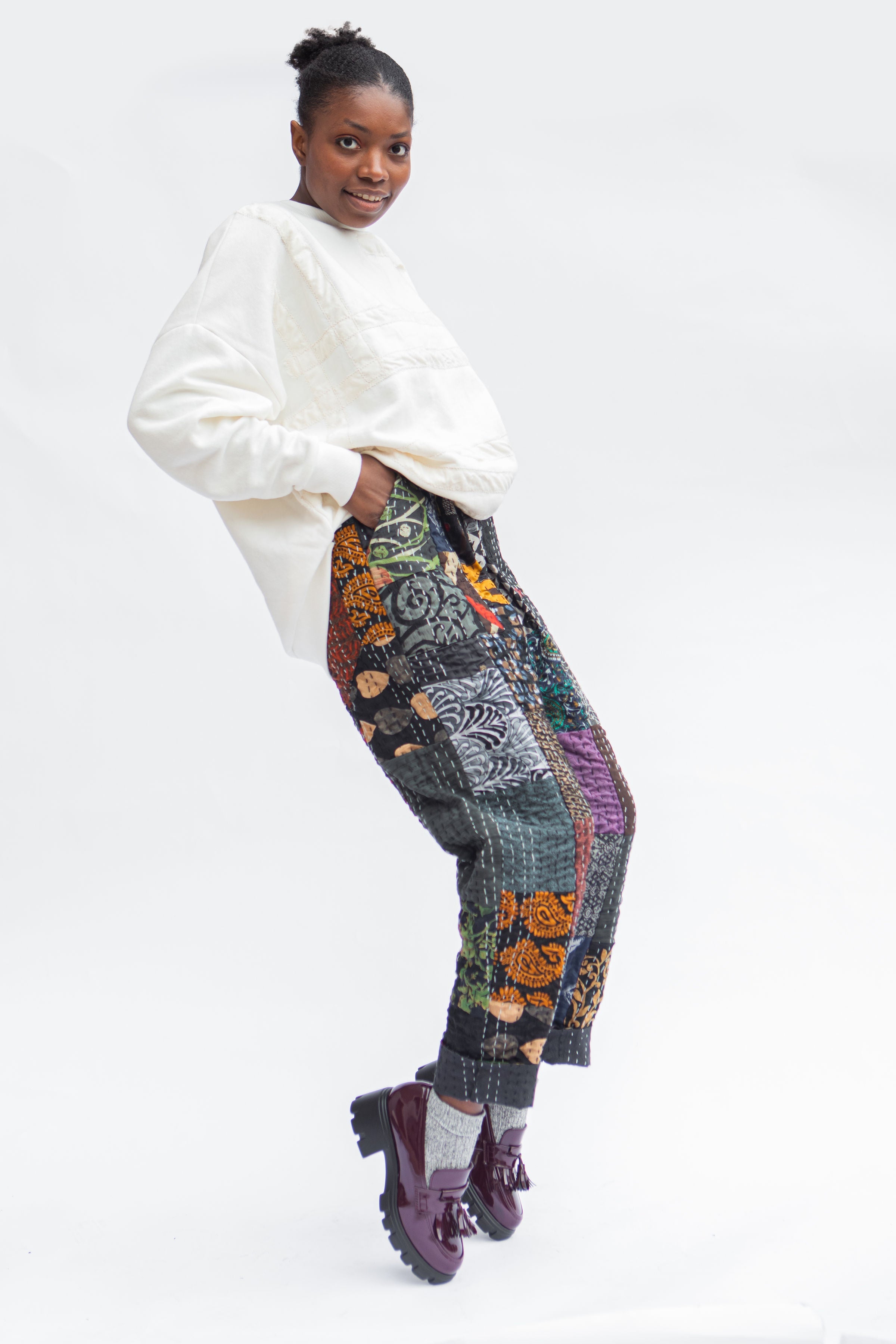 Pocket Pant, Cream Kantha