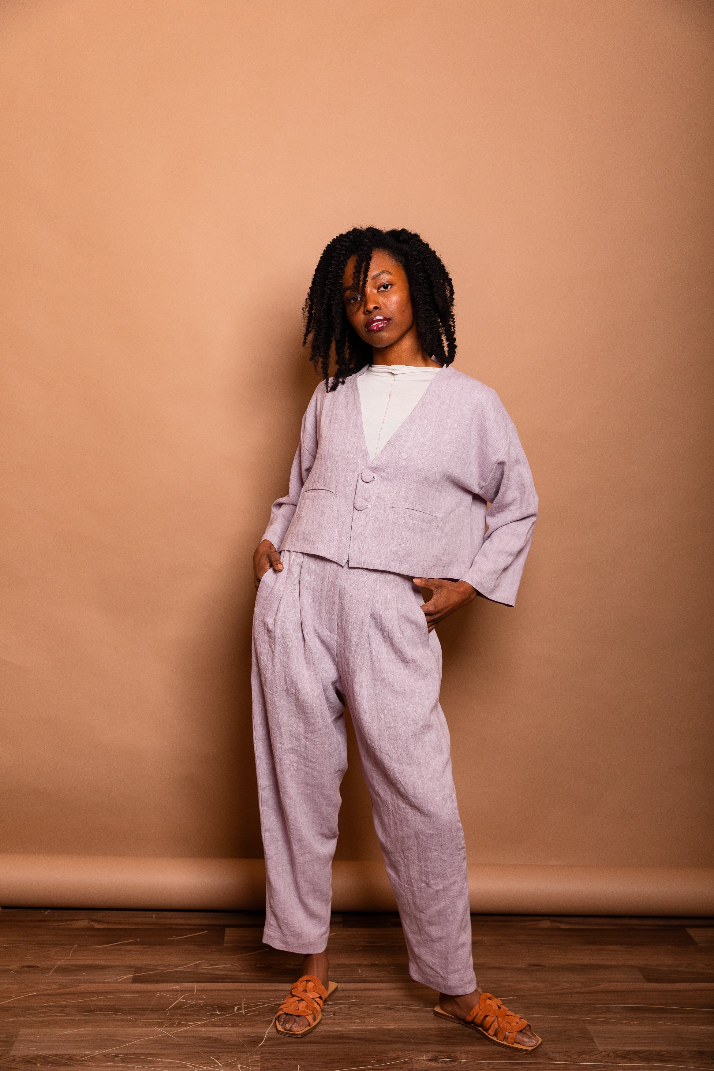 Lavender Herringbone Twill Vented Crop Blazer