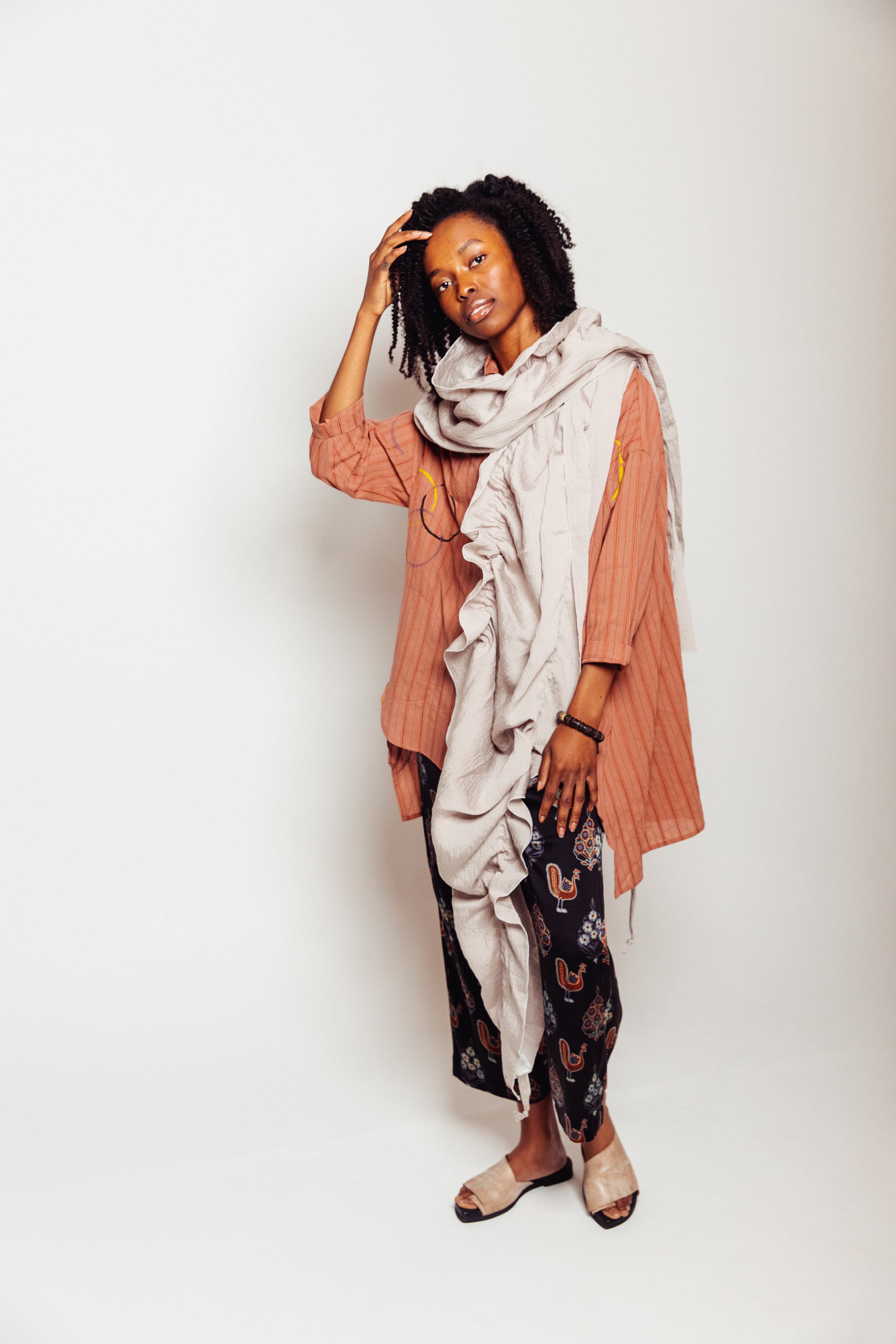 Modal and Nylon Kinetic Scarf droped around model's neck | Megan-Ilene Zero-Waste Studio