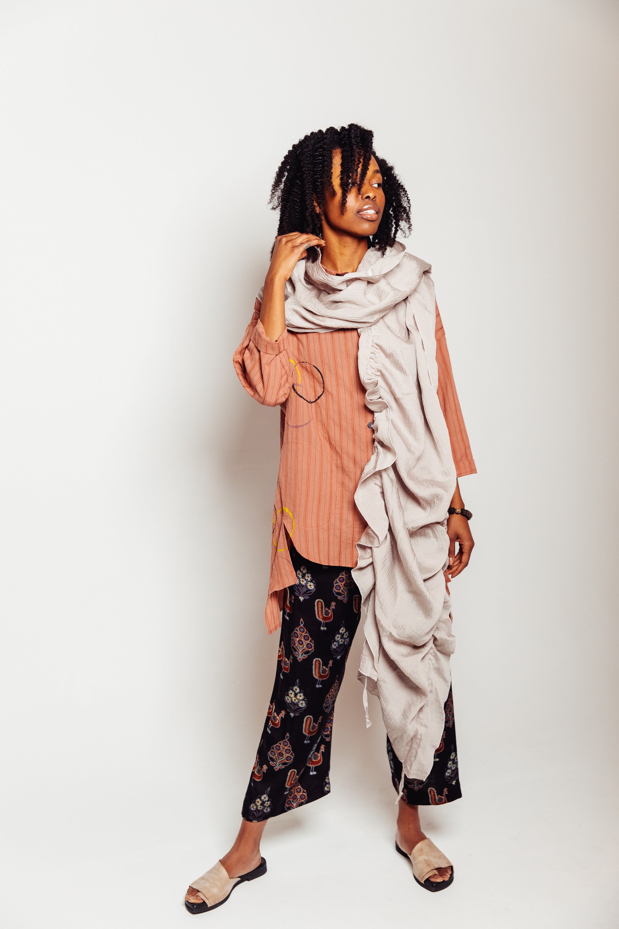 Modal and Nylon Kinetic Scarf droped around model's neck | Megan-Ilene Zero-Waste Studio