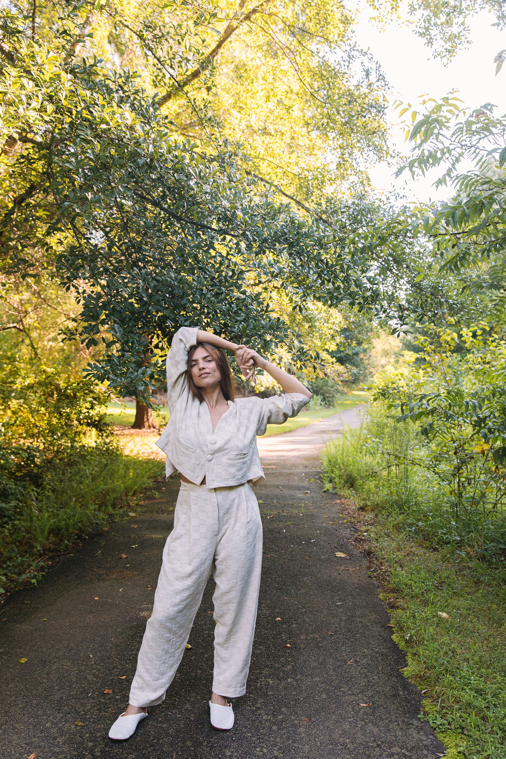 Artisan Handwoven Hemp Jacquard Tapered Pleated Pant | Megan-Ilene