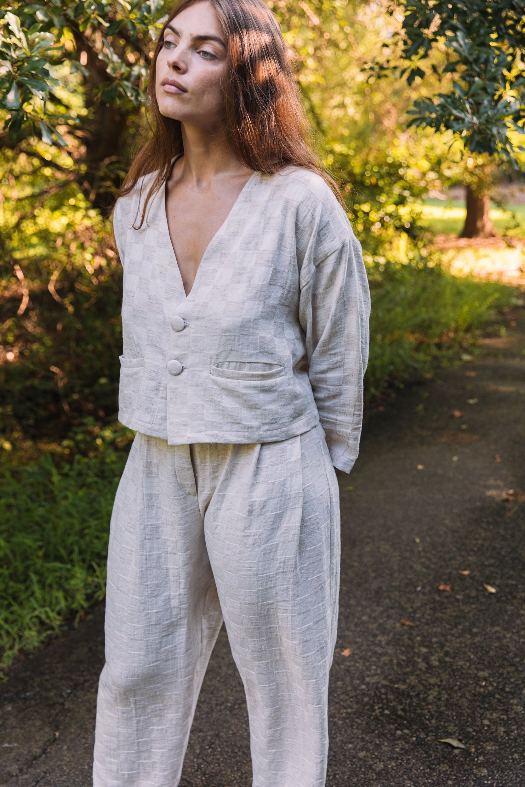 Artisan Handwoven Hemp Jacquard Tapered Pleated Pant | Megan-Ilene
