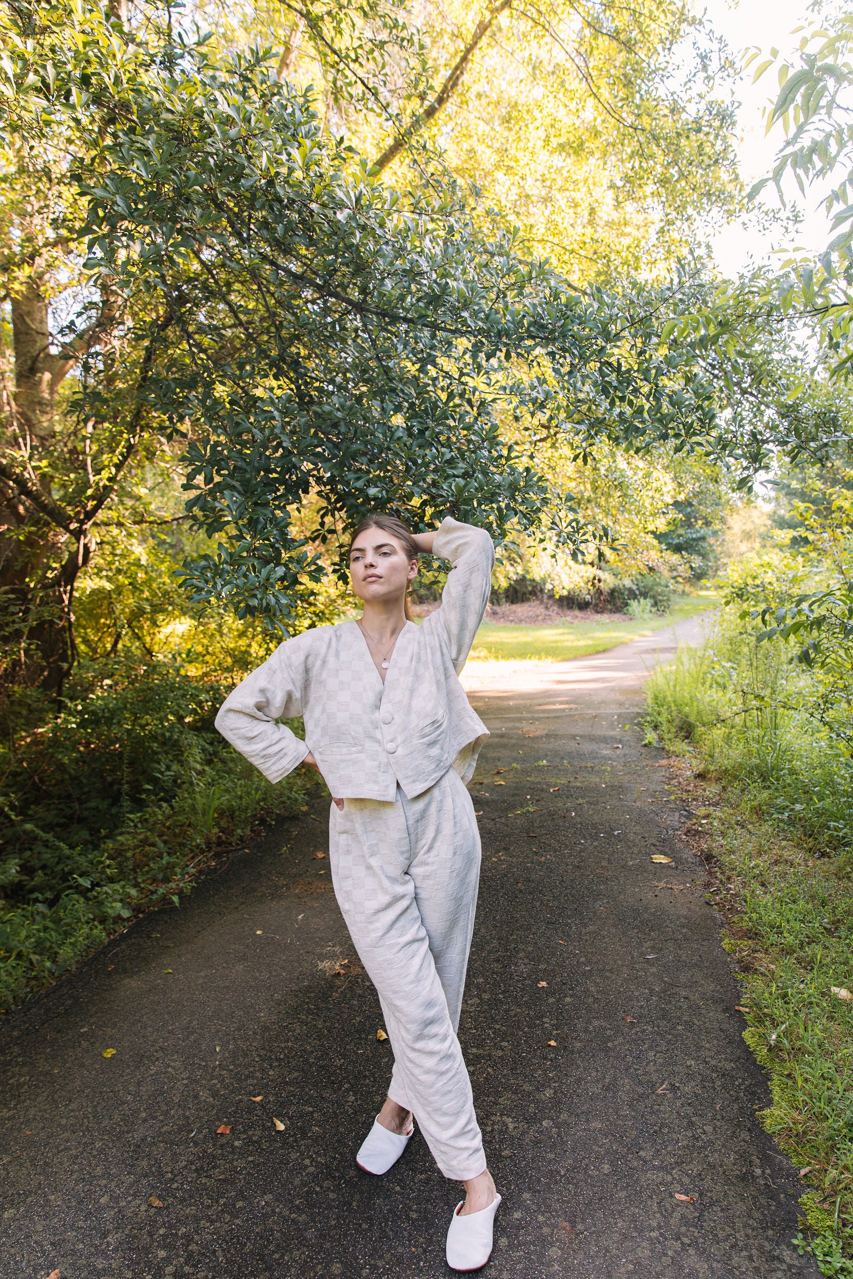 Artisan Handwoven Hemp Jacquard Tapered Pleated Pant | Megan-Ilene