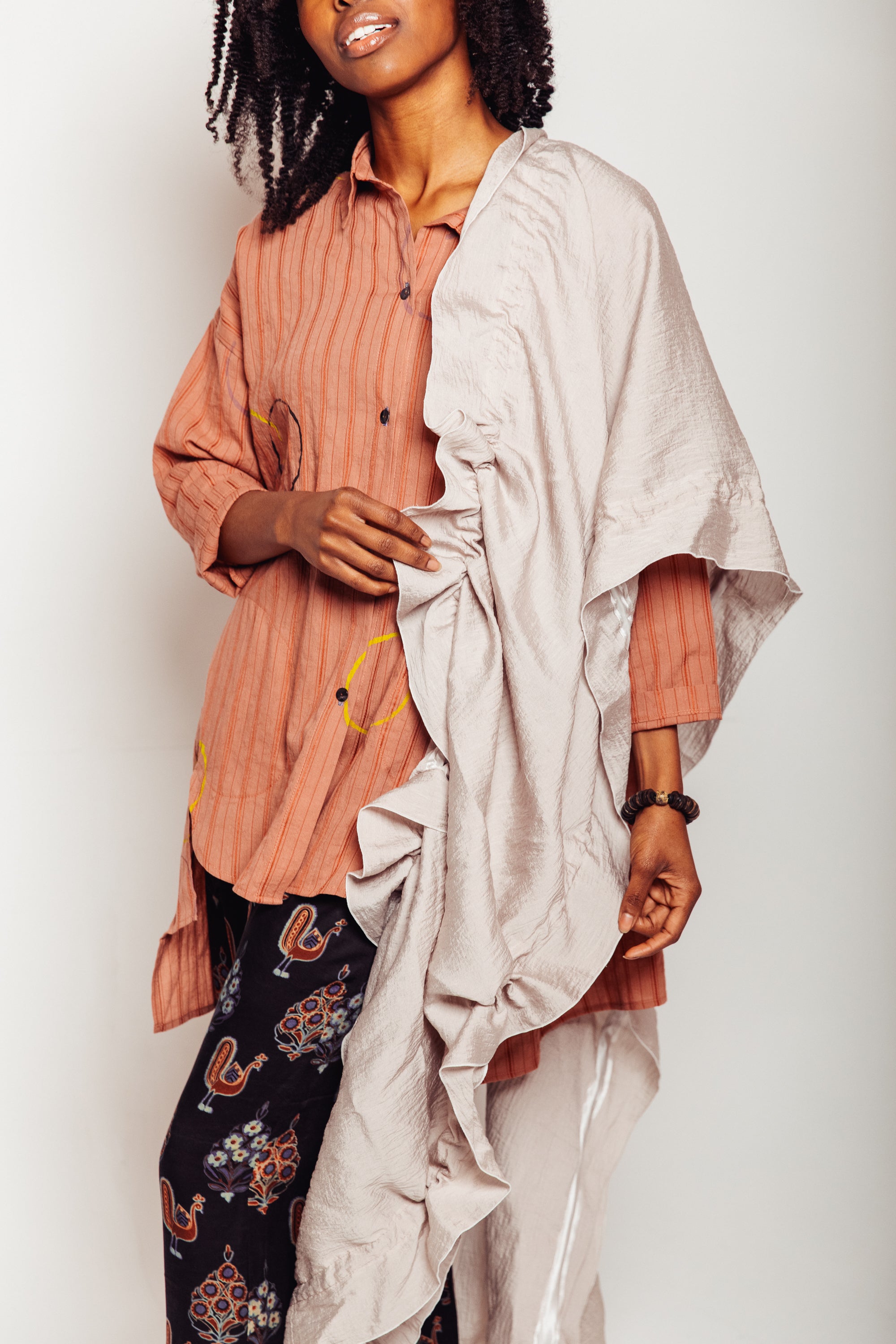 Modal and Nylon Kinetic Scarf droped over model's shoulder | Megan-Ilene Zero-Waste Studio